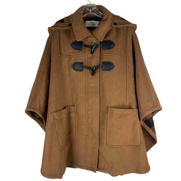Coach Wool Blend Hooded Duffle Cape Coat Toggle Camel Brown Size M/L - Picture 3 of 14